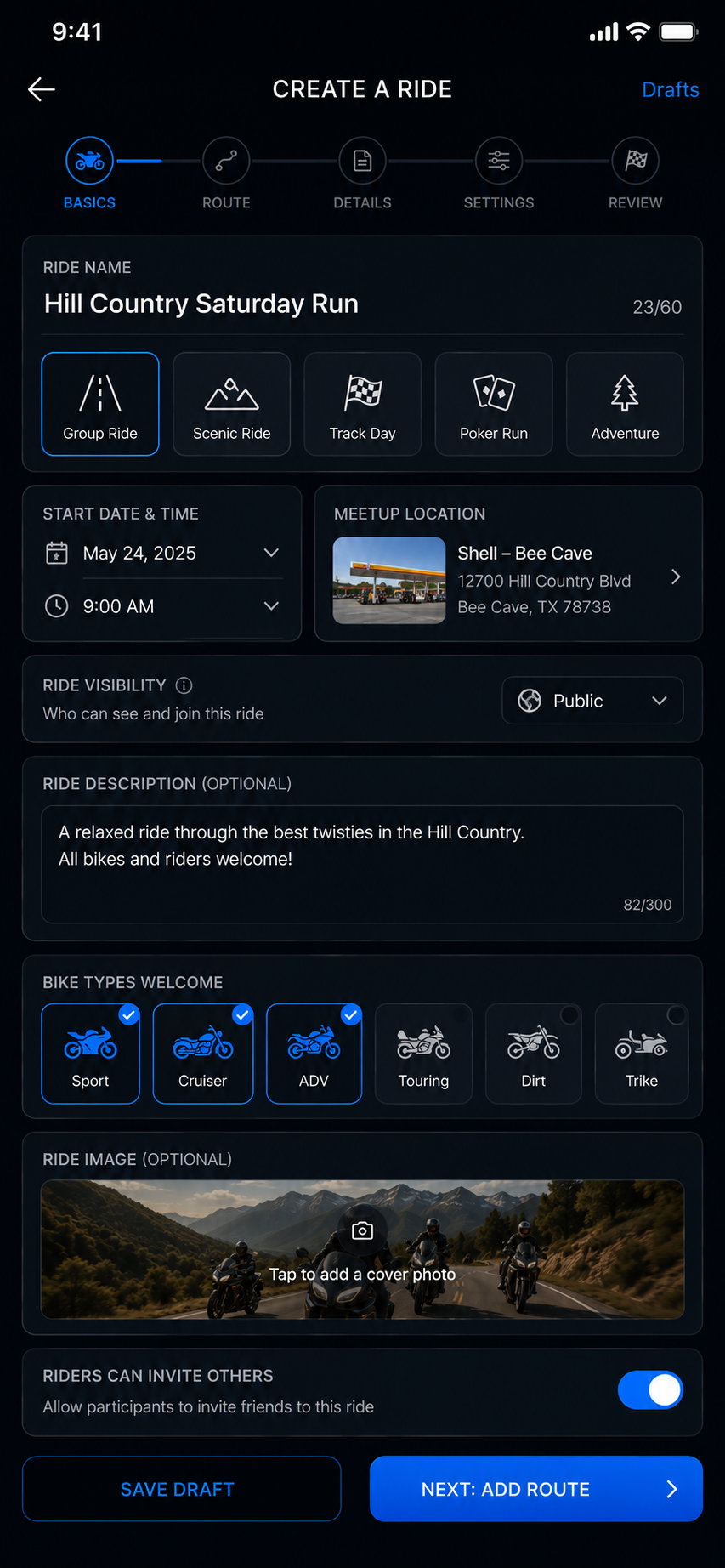 RETUOR step-by-step ride builder with ride types, date, meetup, visibility, motorcycle types, and cover image