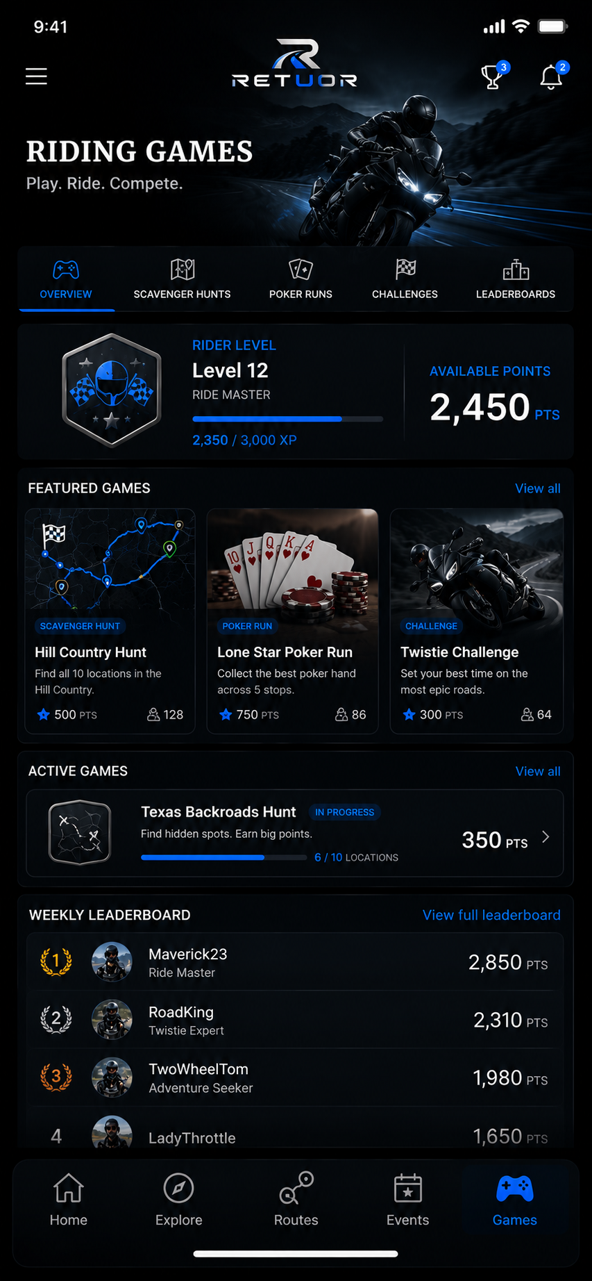 RETUOR riding games showing scavenger hunts, poker runs, challenges, points, and leaderboard