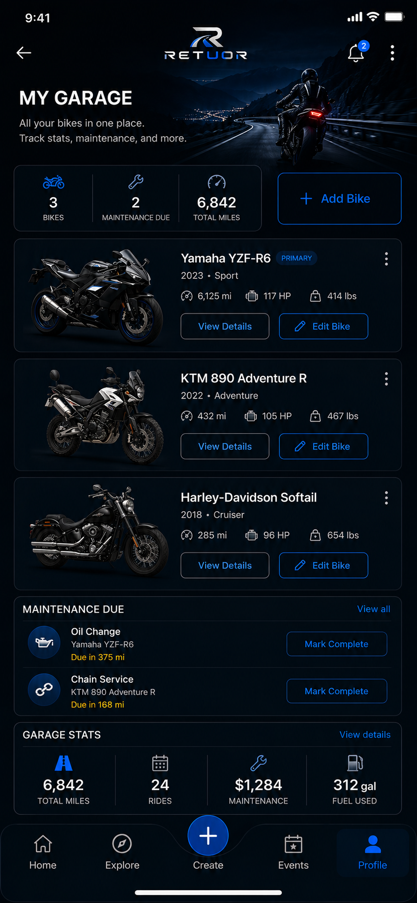 RETUOR Garage showing multiple motorcycles, maintenance due, and garage statistics