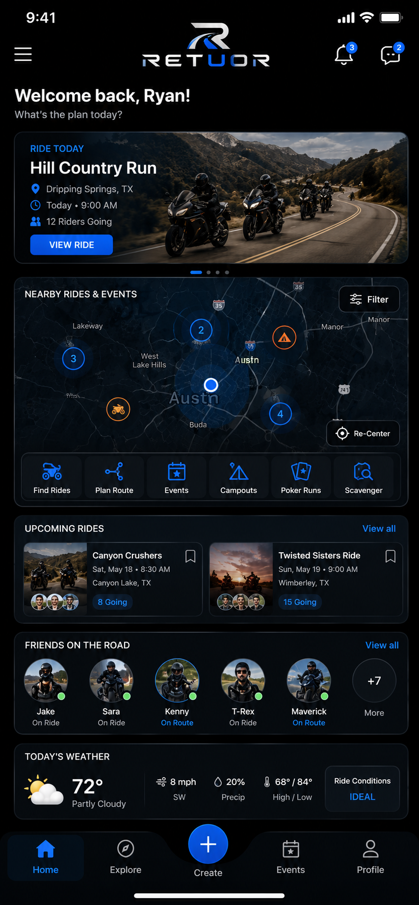 RETUOR home showing a featured ride, nearby map, upcoming rides, friends, and riding weather