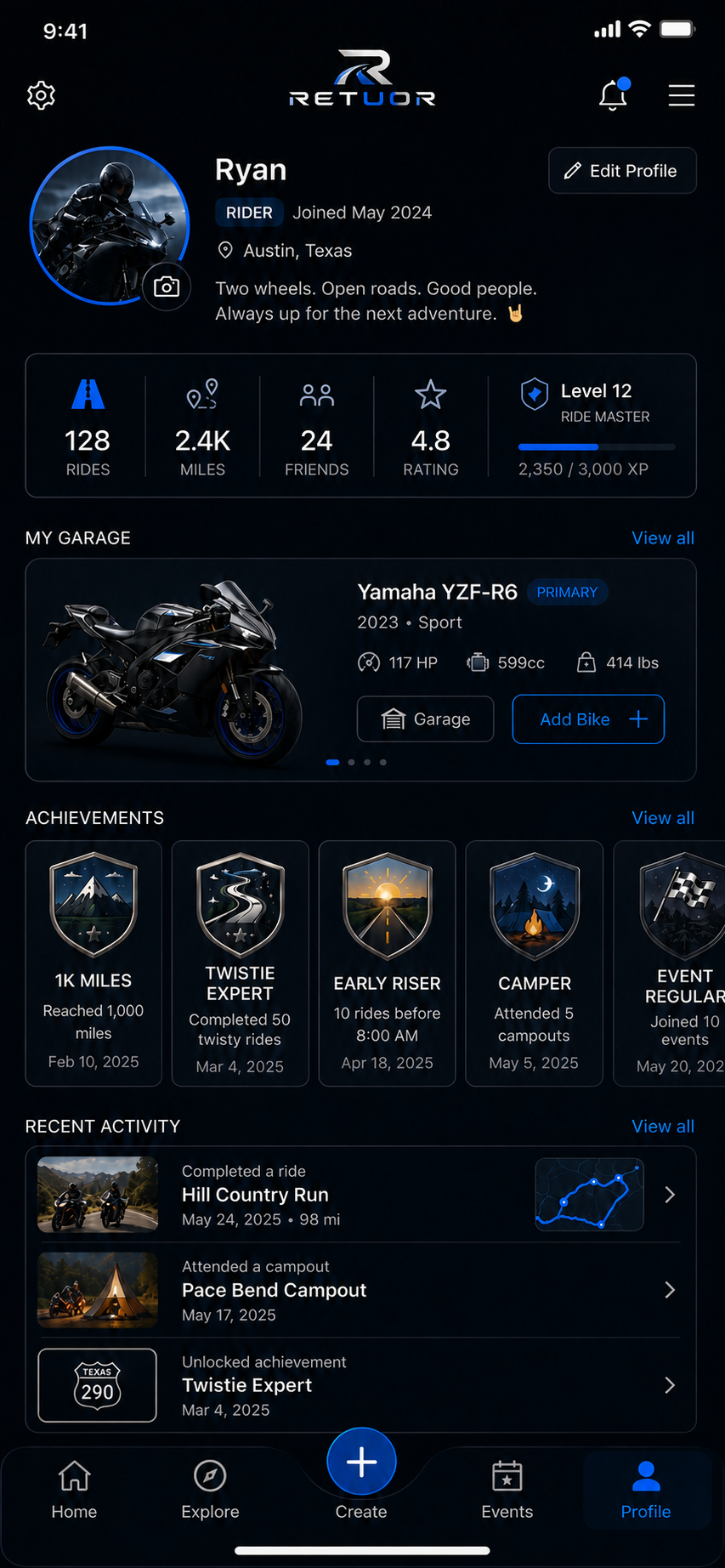 RETUOR rider profile showing ride statistics, garage, achievements, and recent activity