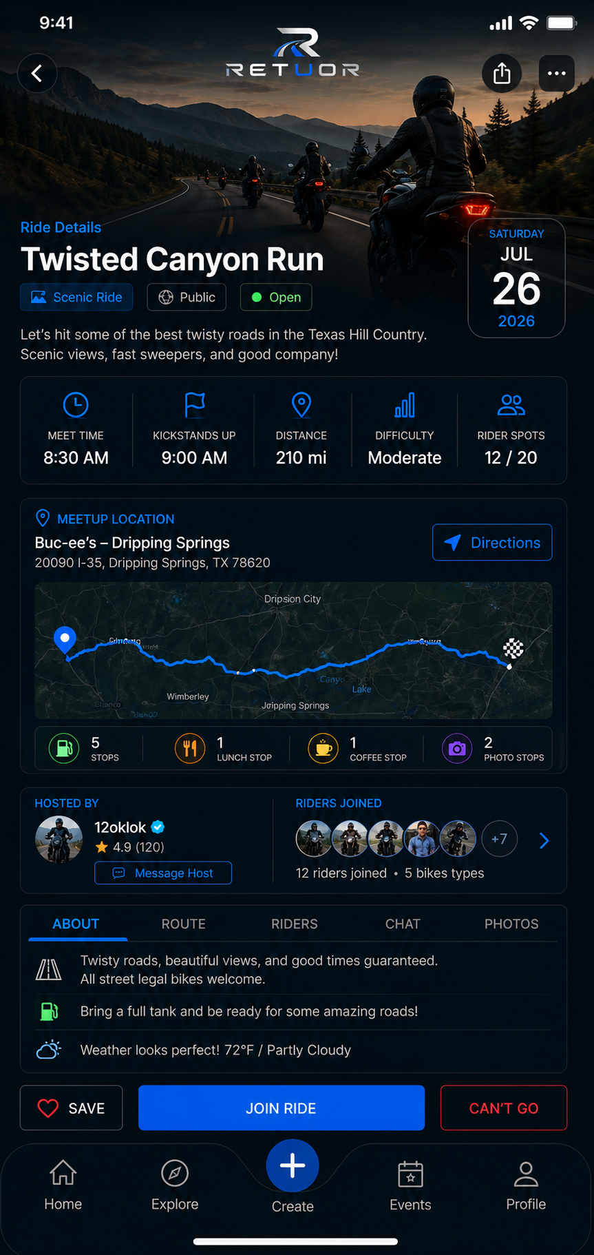 RETUOR ride details showing schedule, route, meetup, riders, weather, and join controls